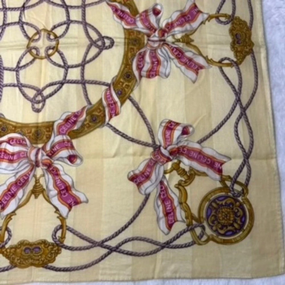 Vtg CELINE Scarf Handkerchief Bow Rope Tassel Yellow Pink 19